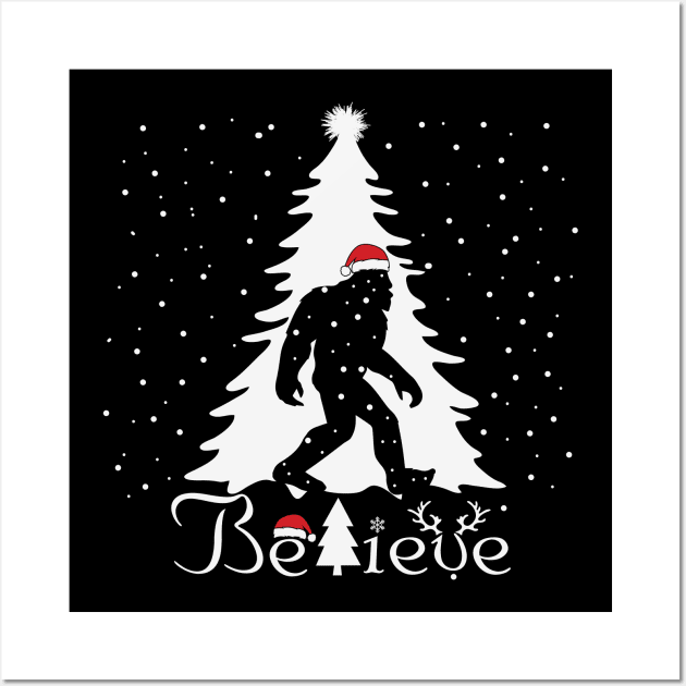 Believe Bigfoot Santa Claus Bigfoot Sasquatch Christmas Gift Wall Art by BadDesignCo